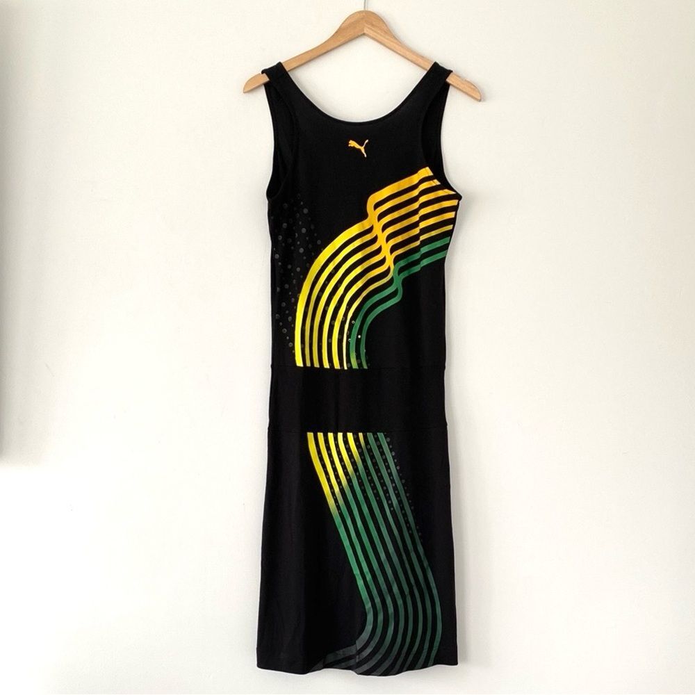 Rare Puma ZA Black Fit Dress Colorful Print Deep Cut on Back Festival Beach NWOT